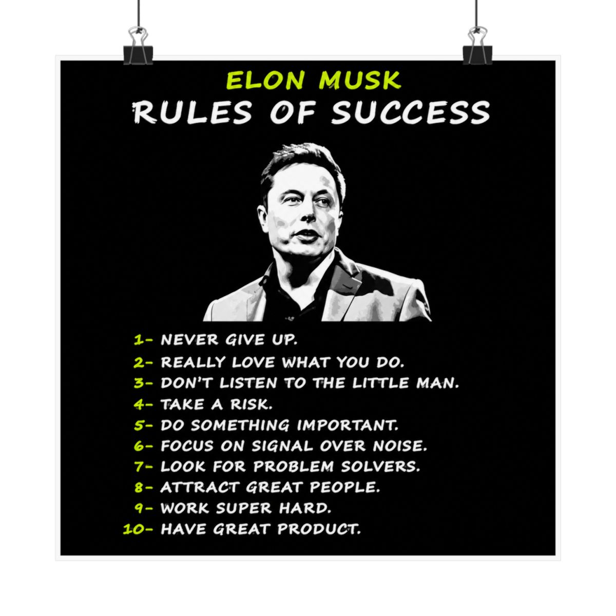 Elon Musk Wall Art Rules of Success Motivational Poster For Entrepreneur Office Decor Inspirational CEO Canvas Prints Entrepreneur Mindset - alternate angle 3, merchandise