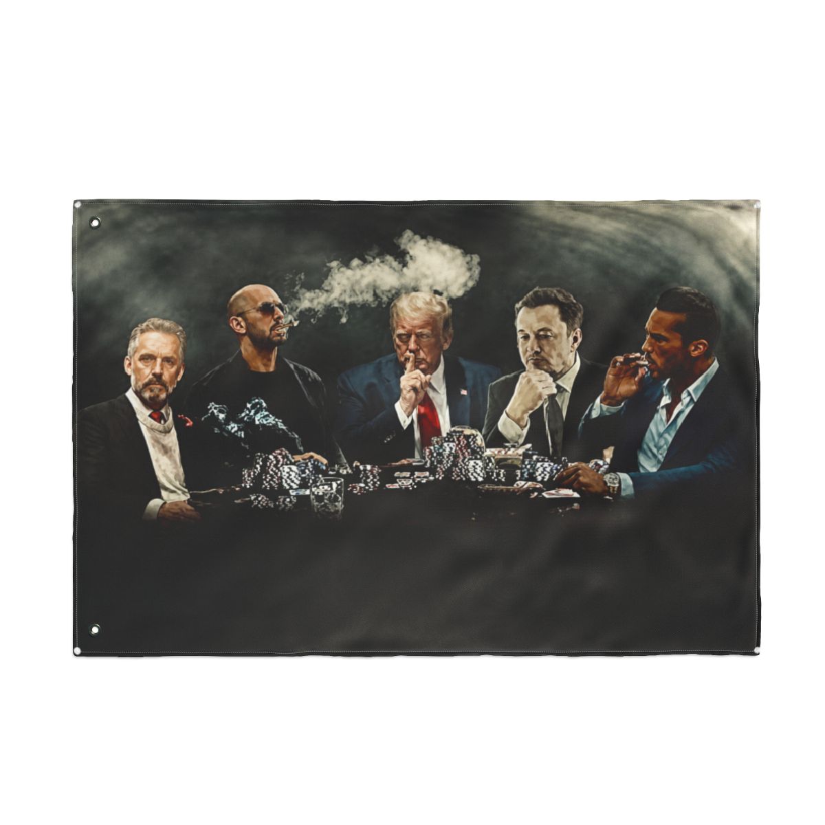 Banger - Top G Matrix Flag with Donald Trump, Elon Musk, Andrew & Tristan Tate and Jordan Peterson Around a Poker Table Motivational Inspirational Office Gym Dorm Wall Decor Design on a 3X5 Feet Flag - alternate angle 2, merchandise