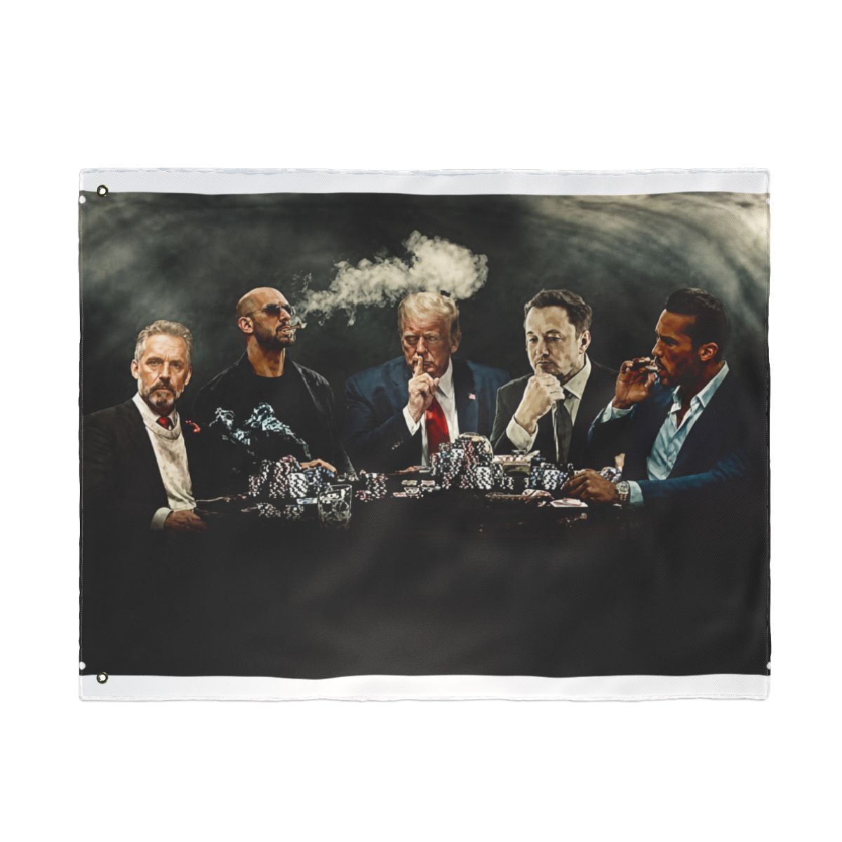 Banger - Top G Matrix Flag with Donald Trump, Elon Musk, Andrew & Tristan Tate and Jordan Peterson Around a Poker Table Motivational Inspirational Office Gym Dorm Wall Decor Design on a 3X5 Feet Flag - alternate angle 3, merchandise